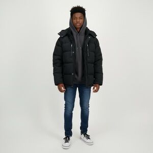 Men’s Black Hooded Puffer Jacket Zip Up Removable‎ Hood Insulated Winter Attire